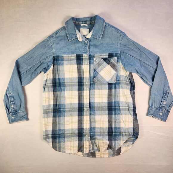 AEO American Eagle Denim Plaid Flannel Small - Picture 1 of 7